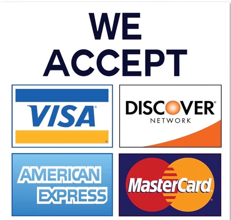 We accept Visa, Discover Network, American Express, and MasterCard