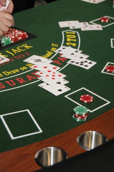 Blackjack table close-up with cards and chips