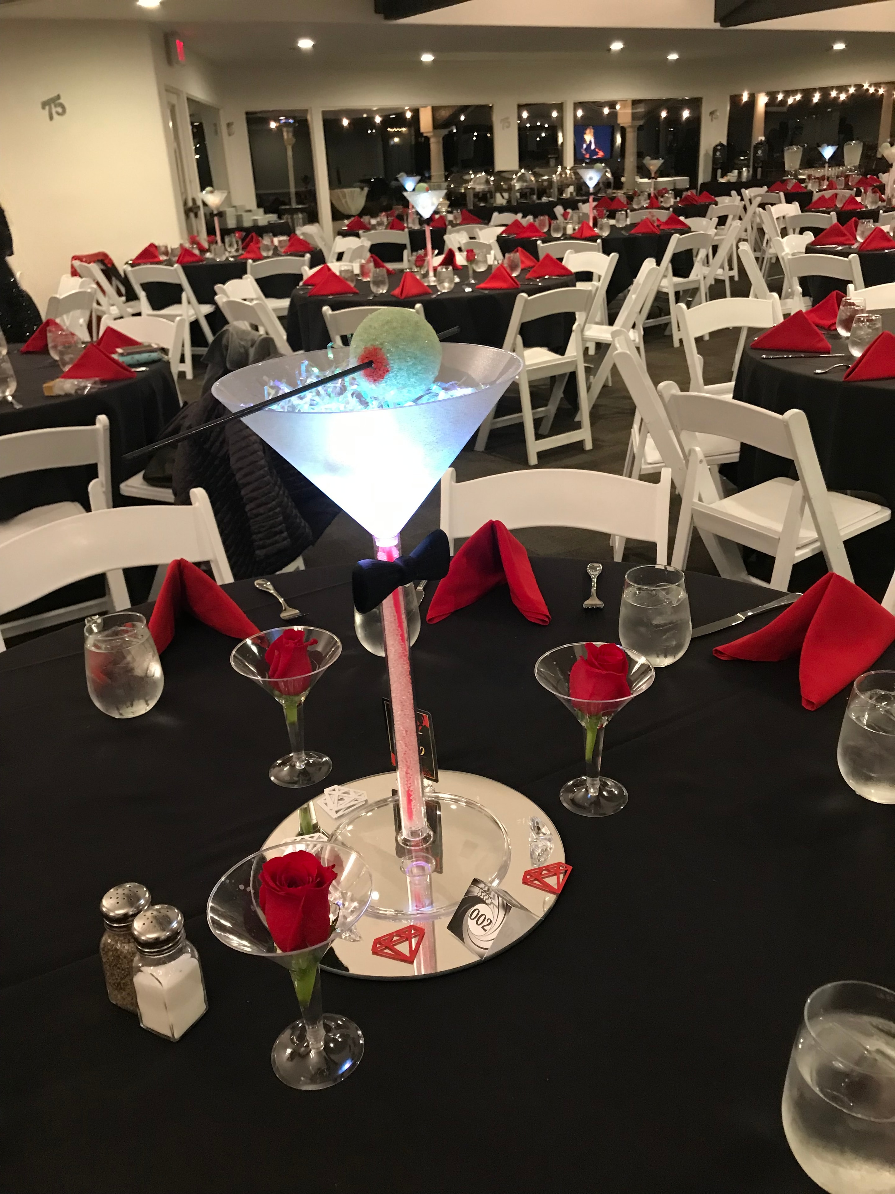 Elegant event decor with martini glass centerpieces